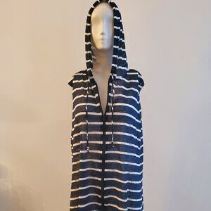 J Valdi Women's Size L Navy Blue and White Striped Hooded Zipped Cover-up